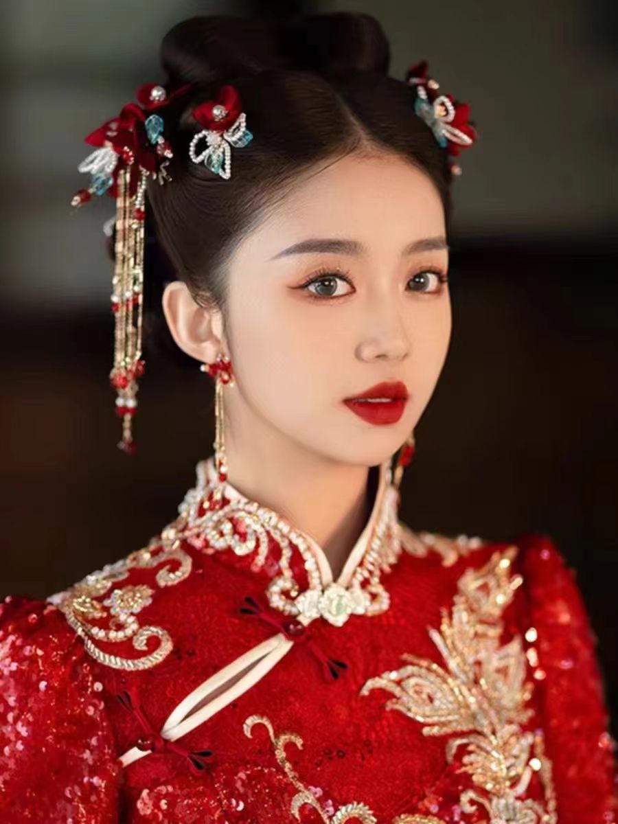 新娘红色结婚敬酒服发饰新中式旗袍2024新款秀禾服头饰女简单大气