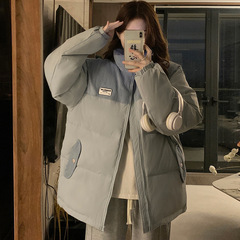 灯芯绒拼接棉服情侣外套绣花拉链长袖保暖面包服棉衣学生棉袄
