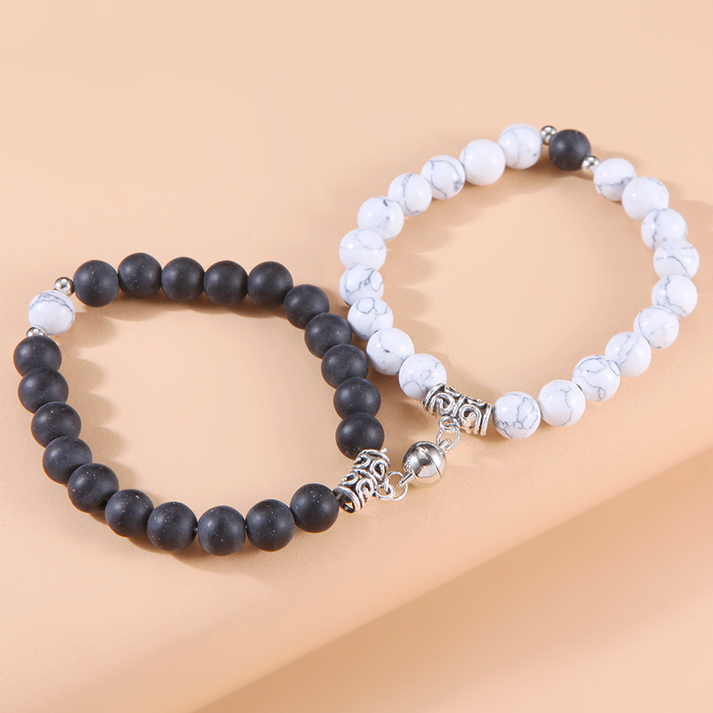 欧美跨境爱心吸铁石情侣手链 个性设计感白松石串珠手串手链套装