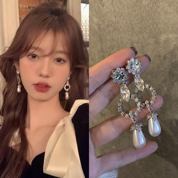 舞厅巴洛克重工耳钉镶钻超闪花朵水滴珍珠耳环长款气质名媛耳坠