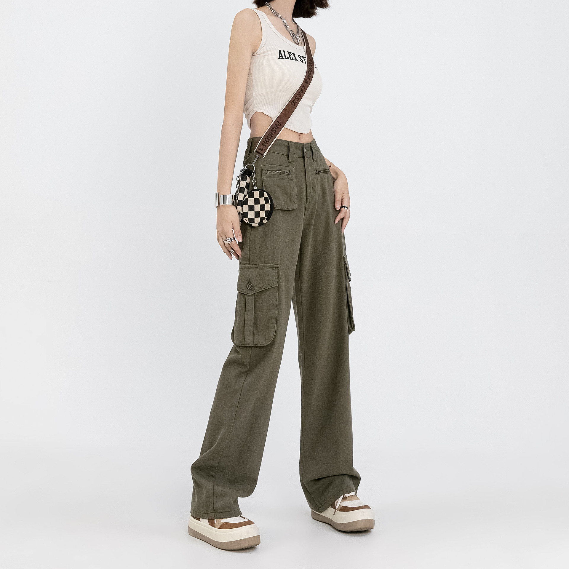 高腰直筒工装裤牛仔女2022年新款小个子直筒多口袋休闲阔腿裤子