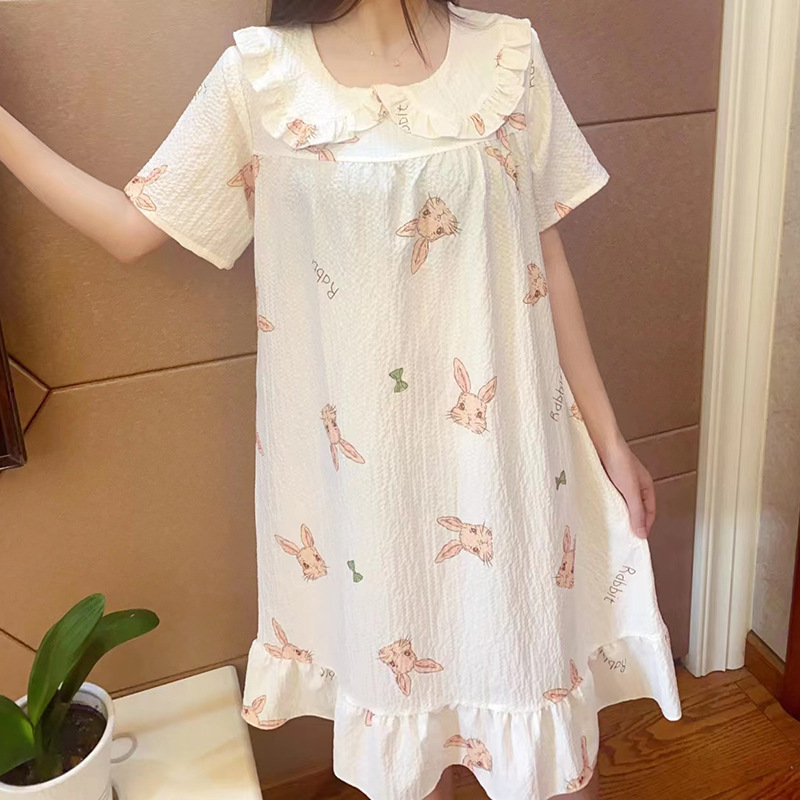 New Peter Pan Collar Nightdress Women's Summer Short-Sleeved Cloud Cotton Breathable Sweet Cotton Student Summer Pajamas Can Be Worn outside