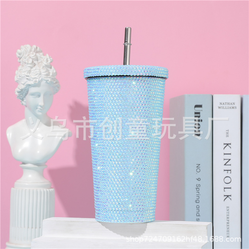 Internet Celebrity Diamond-Embedded Vacuum Cup Double-Layer Stainless Steel Cup with Straw Stick-on Crystals Rhinestone Coffee Cup Gift Cup Diamond-Embedded Drink Cup