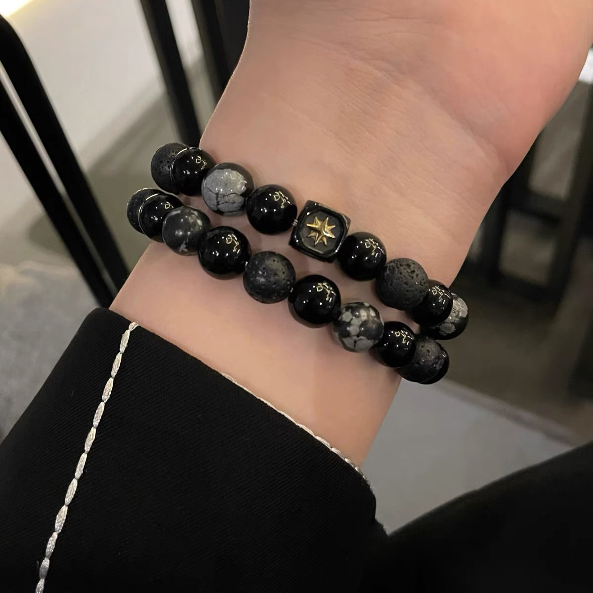 niche design snowflake obsidian black agate volcanic stone boys bracelet high sense bracelet ethnic style bracelet