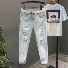 破洞裤男潮牌牛仔九分长裤子夏季新款修身束脚裤大码男装一件代发