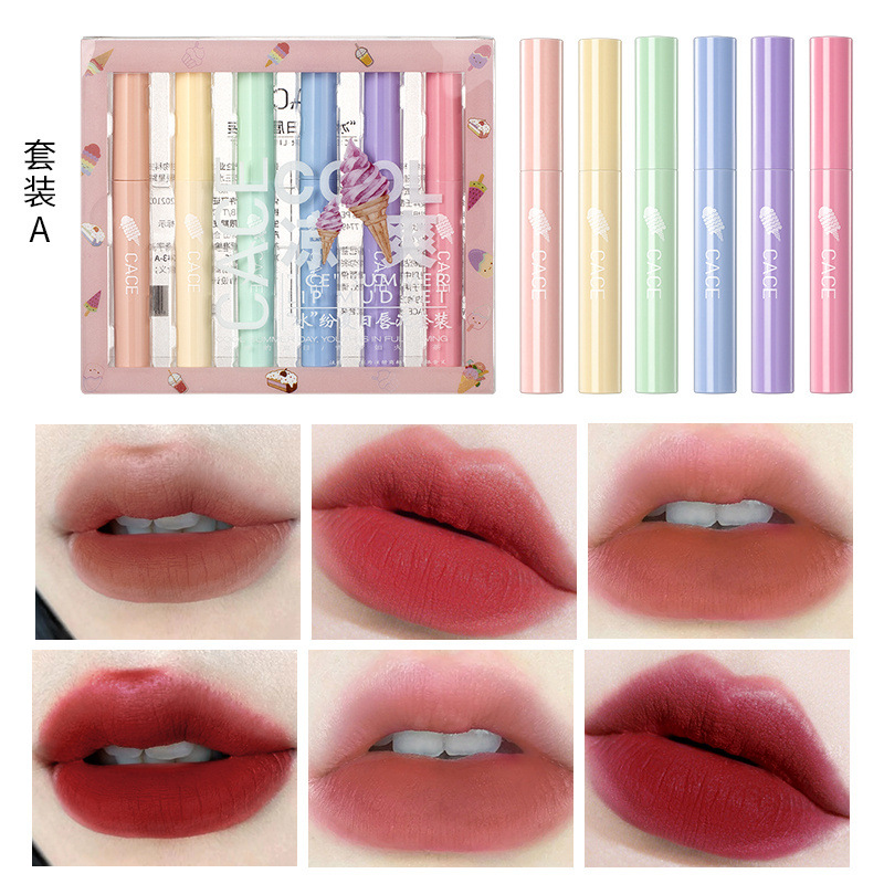 [6 Pack] Macaron Ice Lip Mud Set Retro Matte Plain Face White Student Mirror Lip Lacquer Gift Box