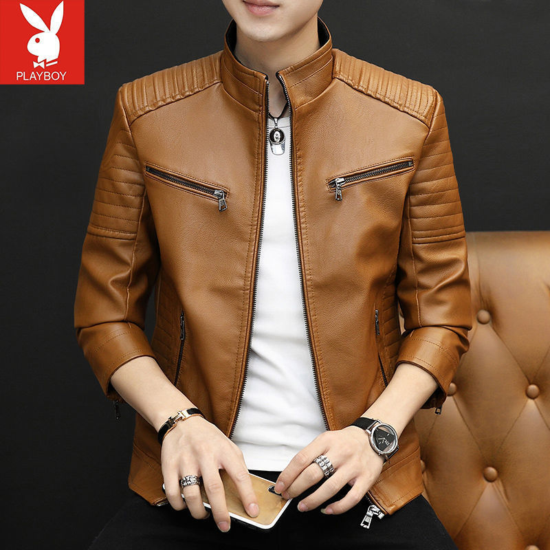 Haining Trendy New Genuine Leather Clothes Men's Sheepskin Short Stand Collar Handsome Biker's Leather Jacket Coat Spring and Autumn