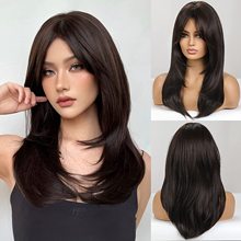 外贸欧美假发 深棕色高温丝八字刘海长直发假发头套layered wig