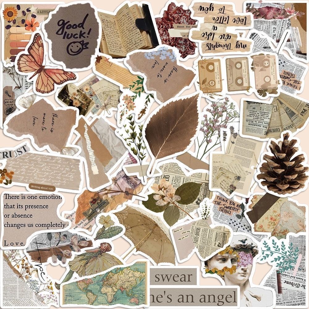 50张旧感文艺简约美式复古碎片报纸小众装饰手帐素材diy防水贴纸