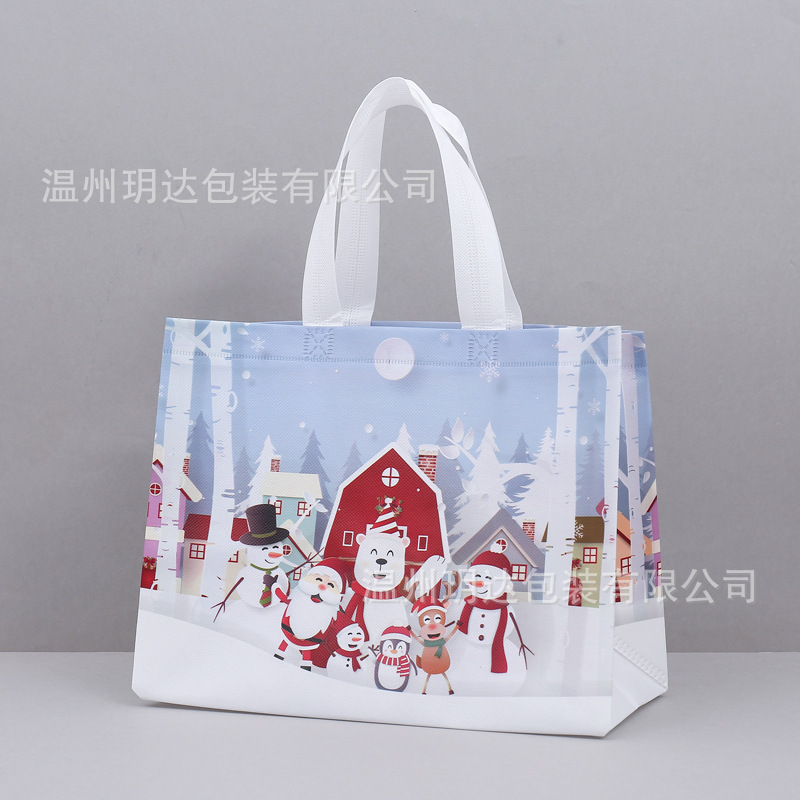 Amazon Christmas Tote Bag Custom Cartoon Santa Snowman Film Non-Woven Fabric Gift Bag in Stock