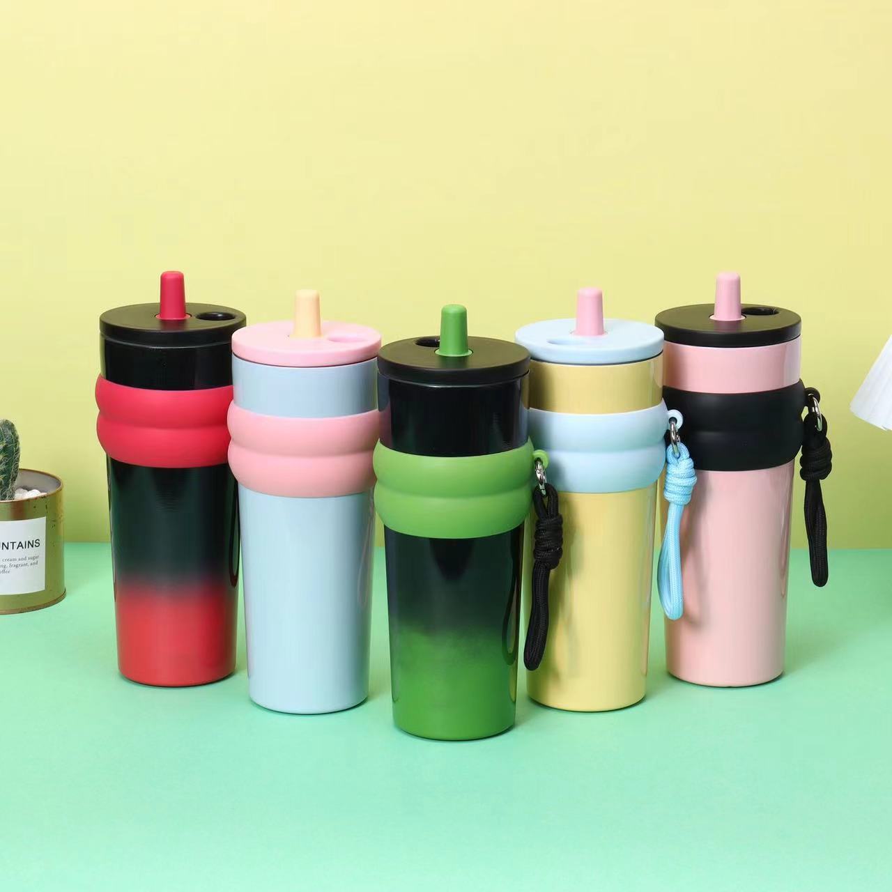 新款不锈钢咖啡杯提绳吸管杯小清新图案女生高颜值保温杯便携水杯