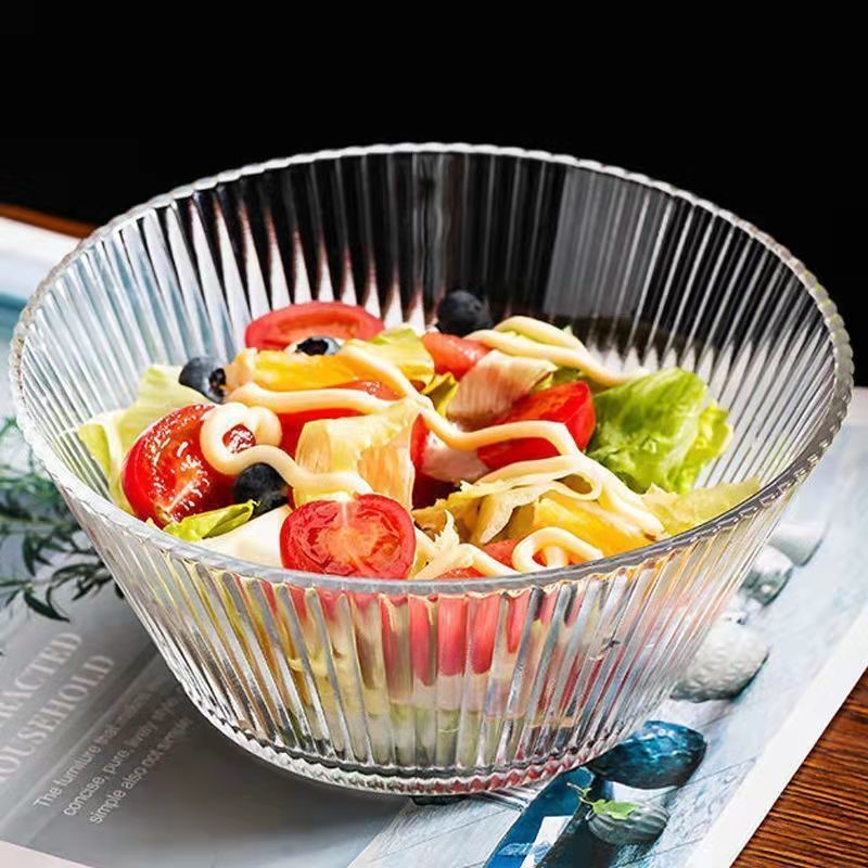 Vertical Grain Glass Bowl Vegetable Salad Bowl Household Creative Large Strainer Red Hot Soup Bowl Fruit Plate Instant Noodle Bowl 0745