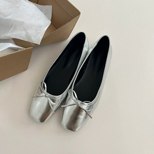 蝴蝶结银色浅口一脚蹬芭蕾舞单鞋女法式平底玛丽珍鞋方头