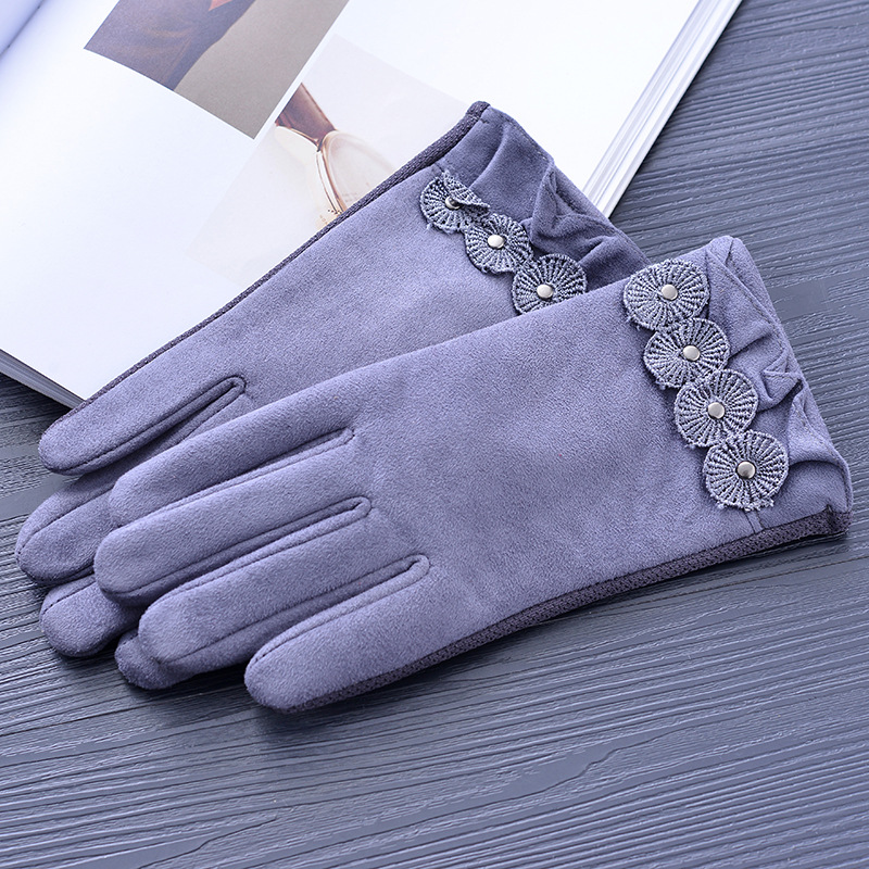 Solid Color Suede Gloves Women's Cold-Proof Warm Finger Cloth Gloves Four Flowers Decorative Outdoor Sports Riding Gloves