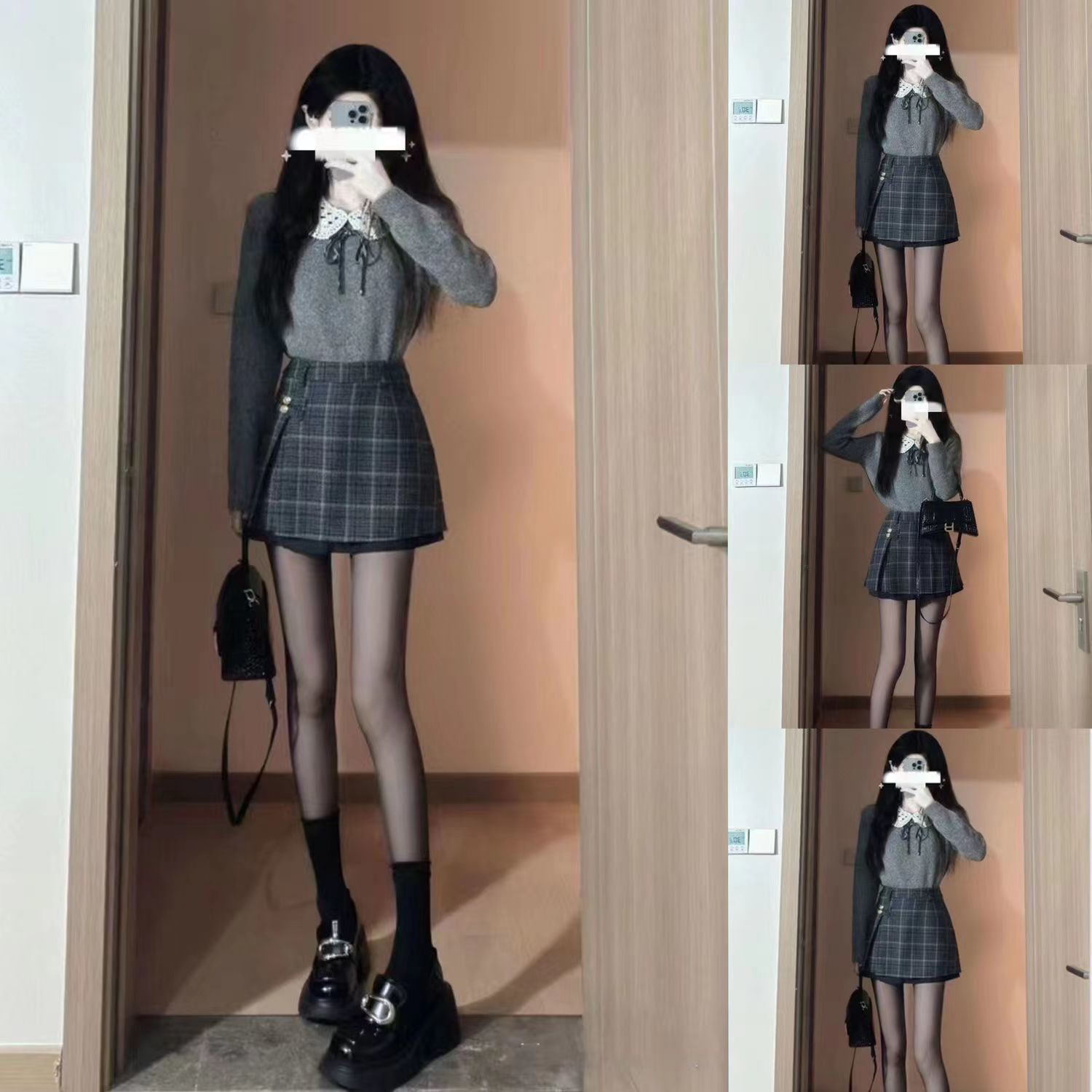 复古学院风套装女秋冬韩剧奶乖盐系甜辣纯欲风毛衣格纹短裙两件套