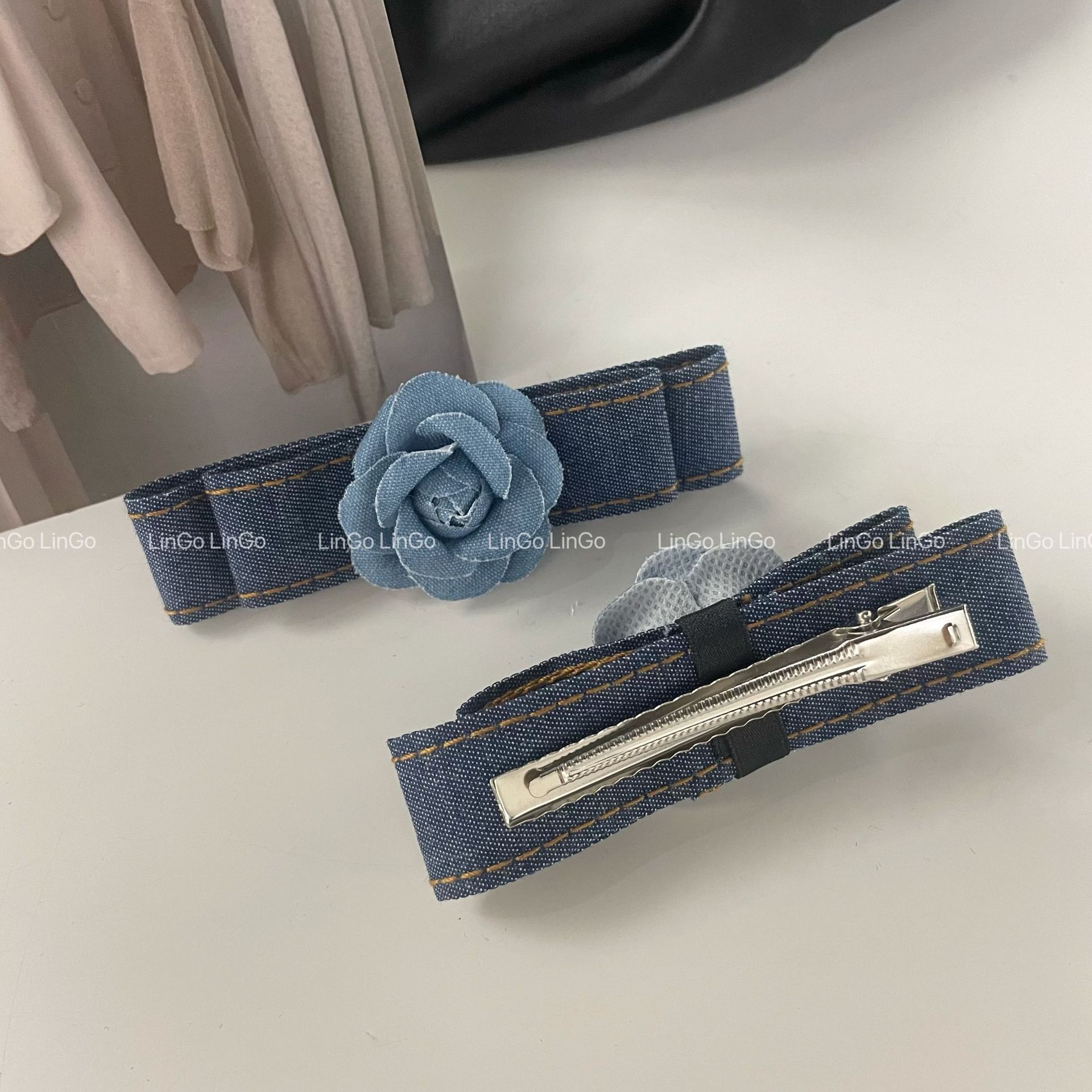 Denim Camellia Hairpin for Women 2024 Early Spring and Autumn New Retro Versatile Back Spoon Half Tie Hair Clip Headdress