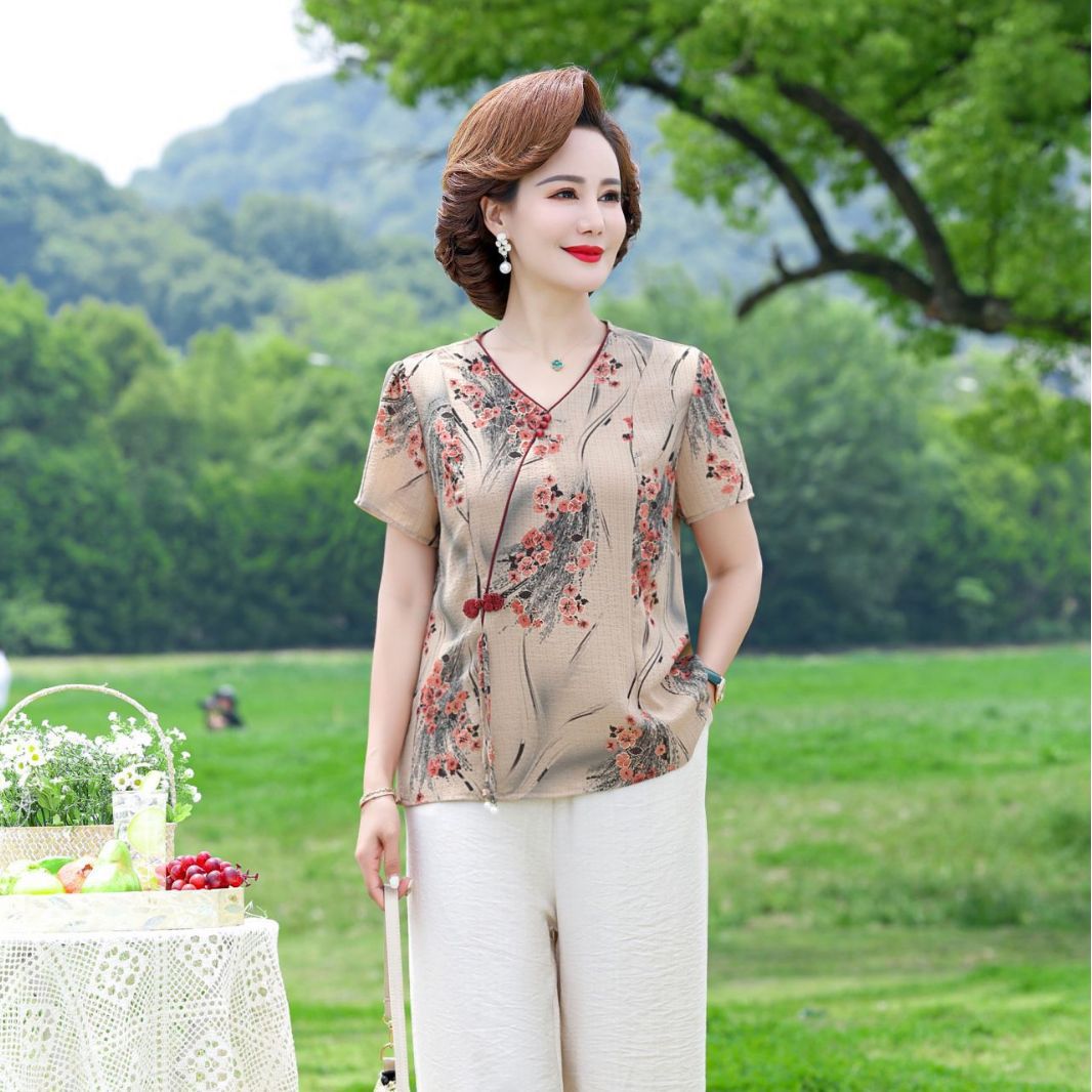 妈妈夏装棉麻套装短袖洋气t恤2023新款中老年女两件套上衣阔腿裤