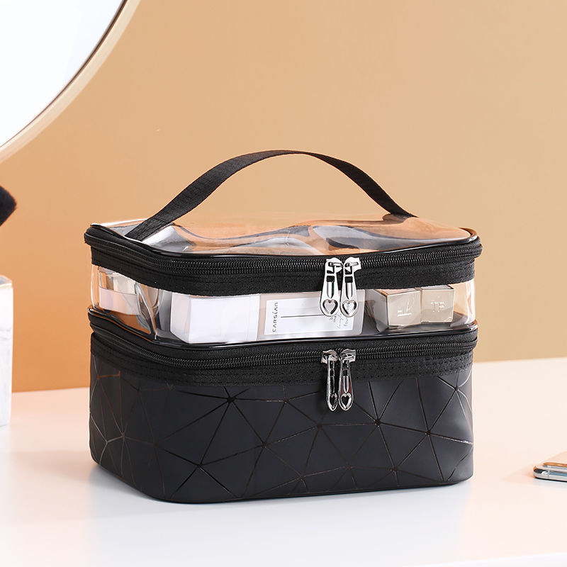 New Double-Layer Cosmetic Bag Box Plaid Portable Women's Makeup Artist Multi-Function Storage Wash Makeup in Stock Wholesale