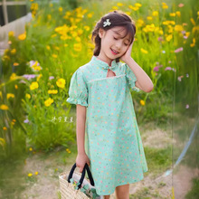 2024夏季新款中国风女童旗袍方领盘扣泡泡袖小碎花儿童中式连衣裙