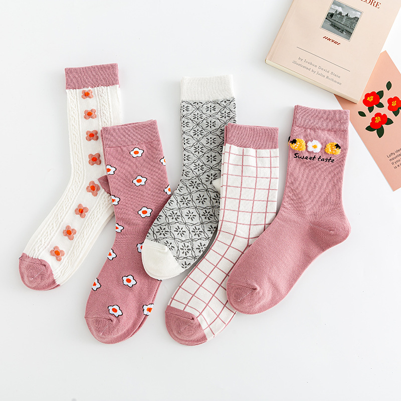 秋冬袜子女粉红色回忆女袜精梳棉中筒韩版网红格子女袜工厂批发