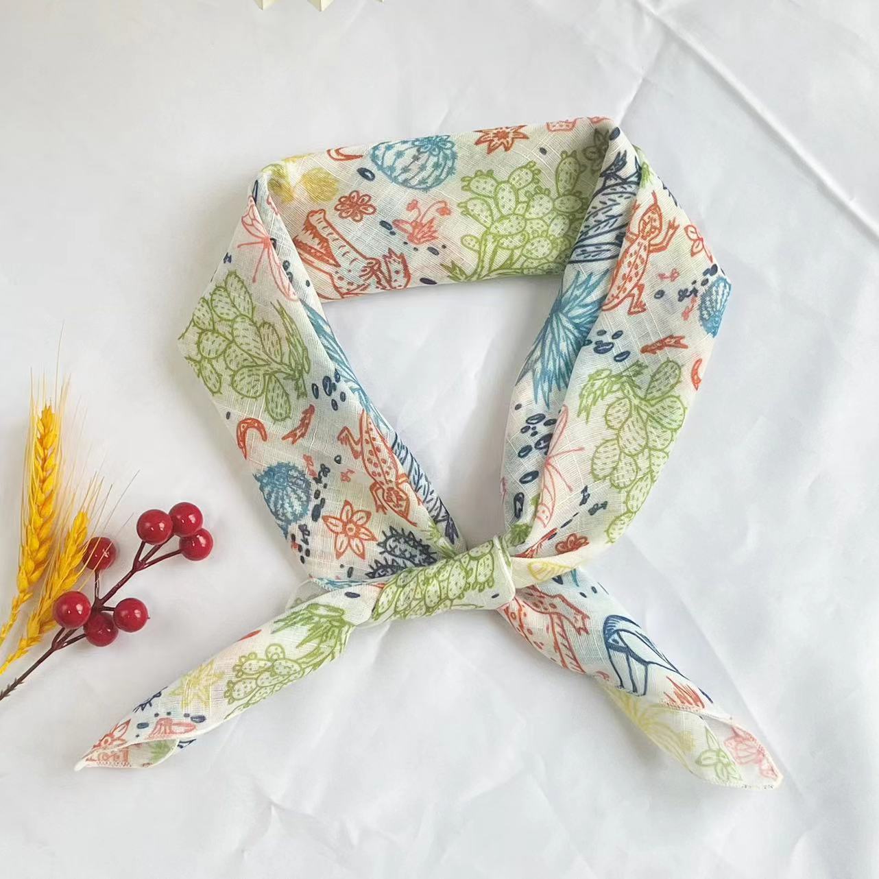 Fresh All-Match New Fruit Printed Small Square Towel Women's Summer Floral Artistic Scarf Scarf Hair Band Sun Protection Cotton and Linen