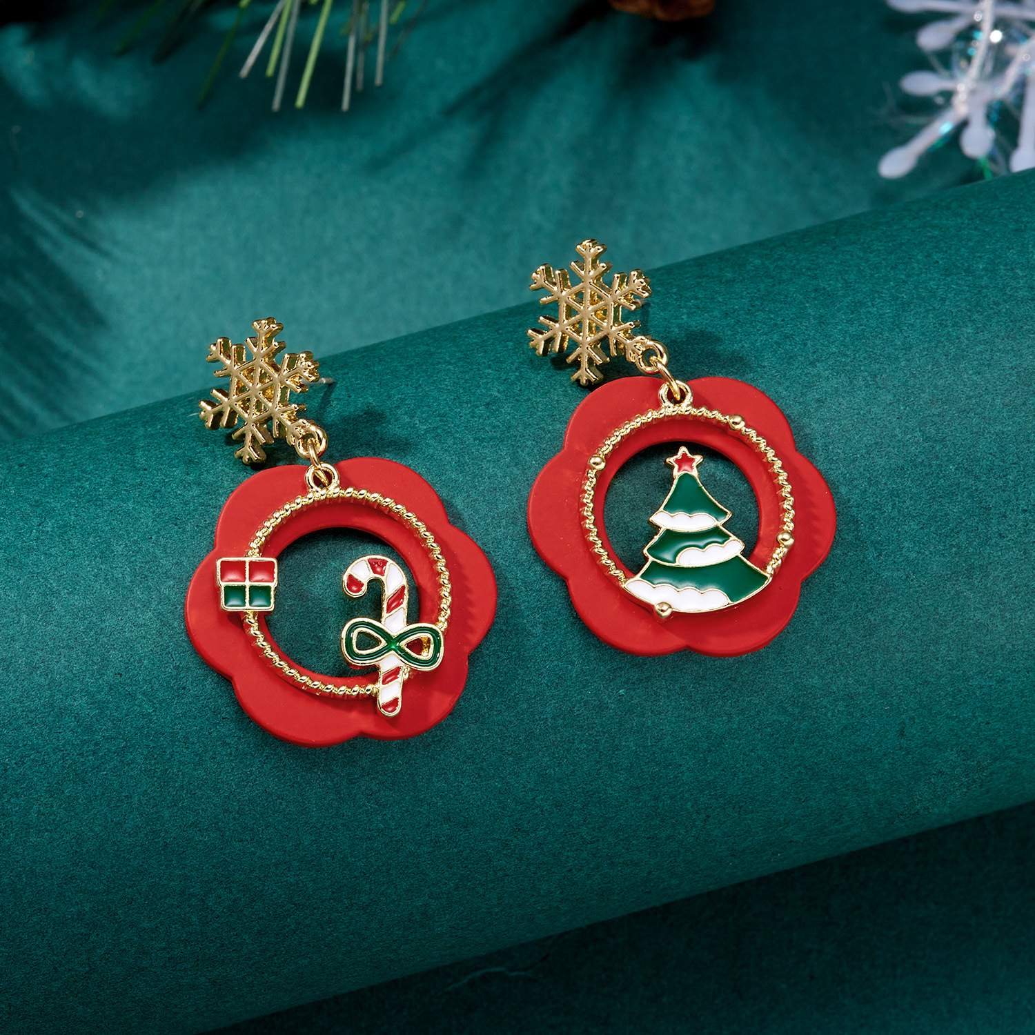 Cross-Border New Arrival Christmas Tree Cane Snowflake Flower Santa Claus Earrings Types a and B Asymmetric Christmas Stud Earrings Earrings