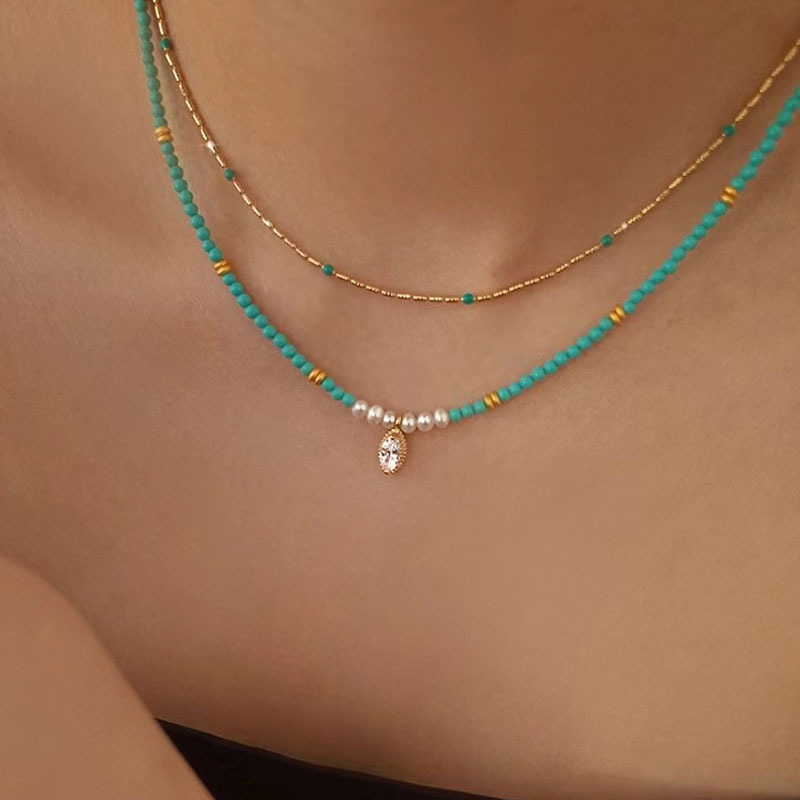 青青子衿天然绿松石天然珍珠项链女小众设计高级锁骨链2024年新款