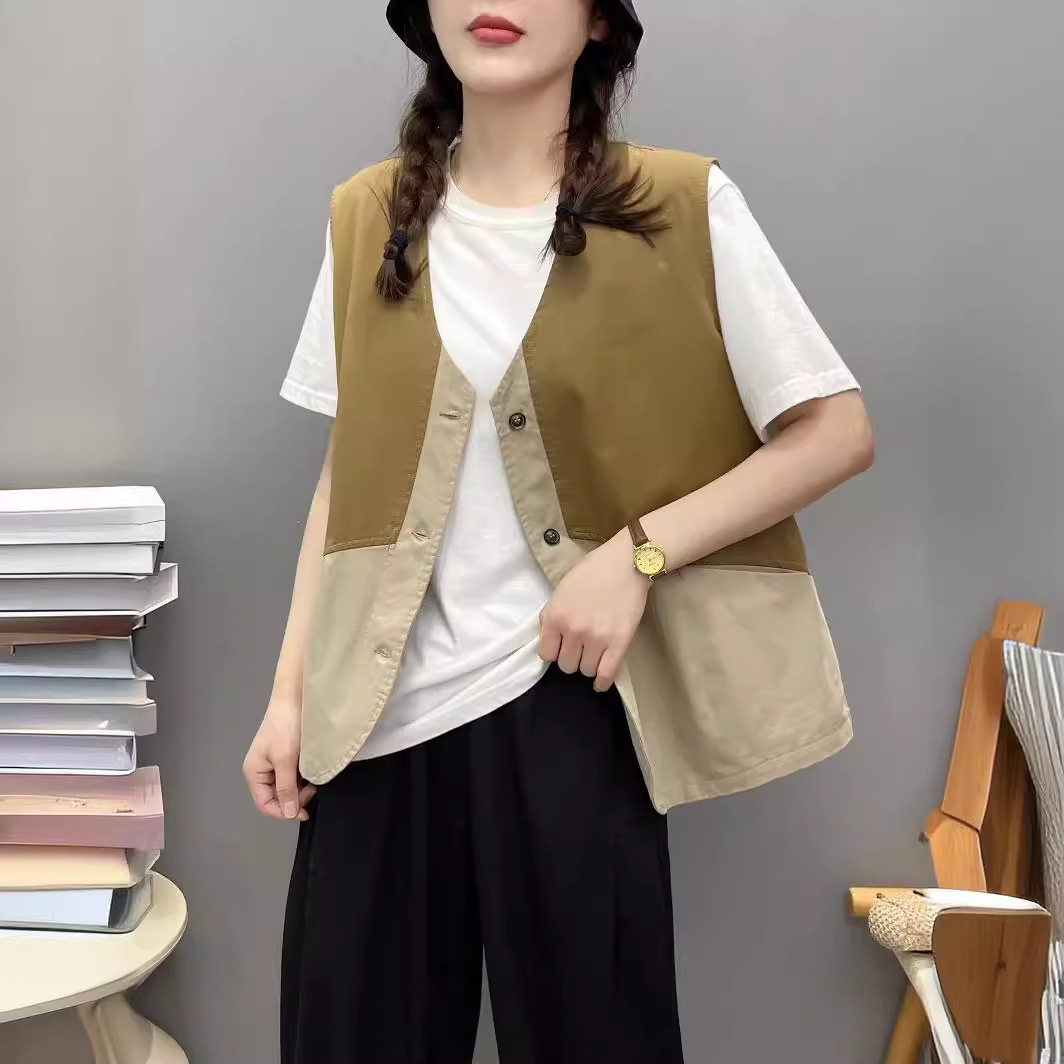 日系工装马甲女春夏休闲叠穿上衣无袖坎肩马夹短款外套xx23288