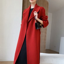 双面羊毛大衣女中长款2023秋冬季新款过年高端红色系带羊毛呢外套