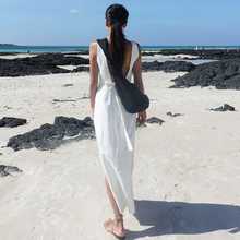 气质减龄露背沙滩度假长裙夏波西米亚系带收腰开衩棉麻连衣裙