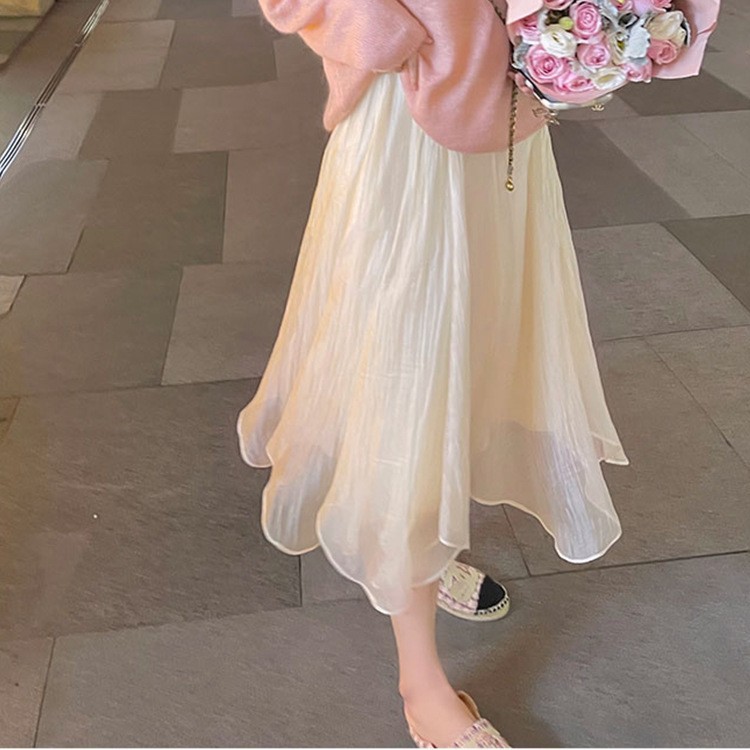 珠光流纱裙女2022新款白色网纱半身裙春装高腰显瘦中长款a字裙子