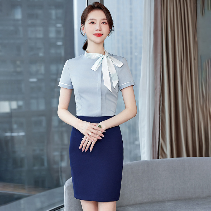 夏季短袖空姐酒店服务员衬衣工作服餐饮前台收银职业衬衫工装套装