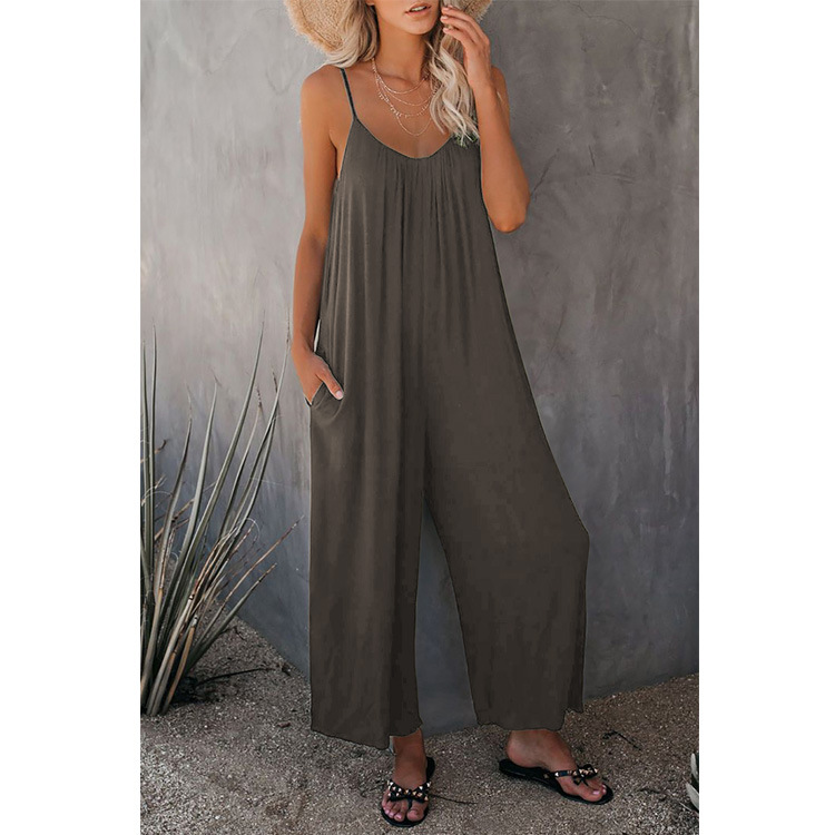 Amazon European and American 2023 Summer New Women's Trousers Cross-Border Solid Color Pocket Loose Casual Sling Jumpsuit