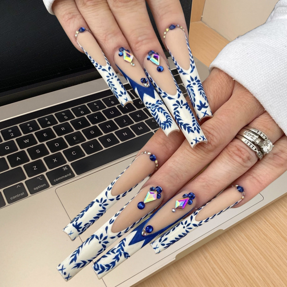 中国风青花瓷镶钻欧美穿戴甲法式质感假指甲nails美甲贴片eb-41