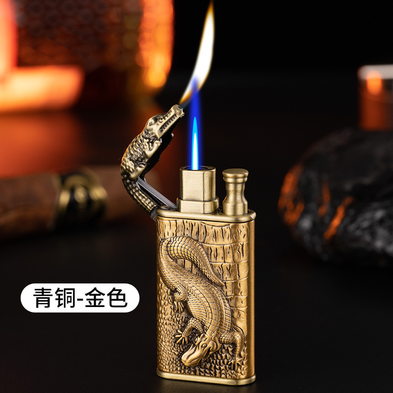 Creative Double Fire Crocodile Three-Dimensional Relief Direct Punch Change Open Fire Gas Lighter Metal Lighter Best-Selling