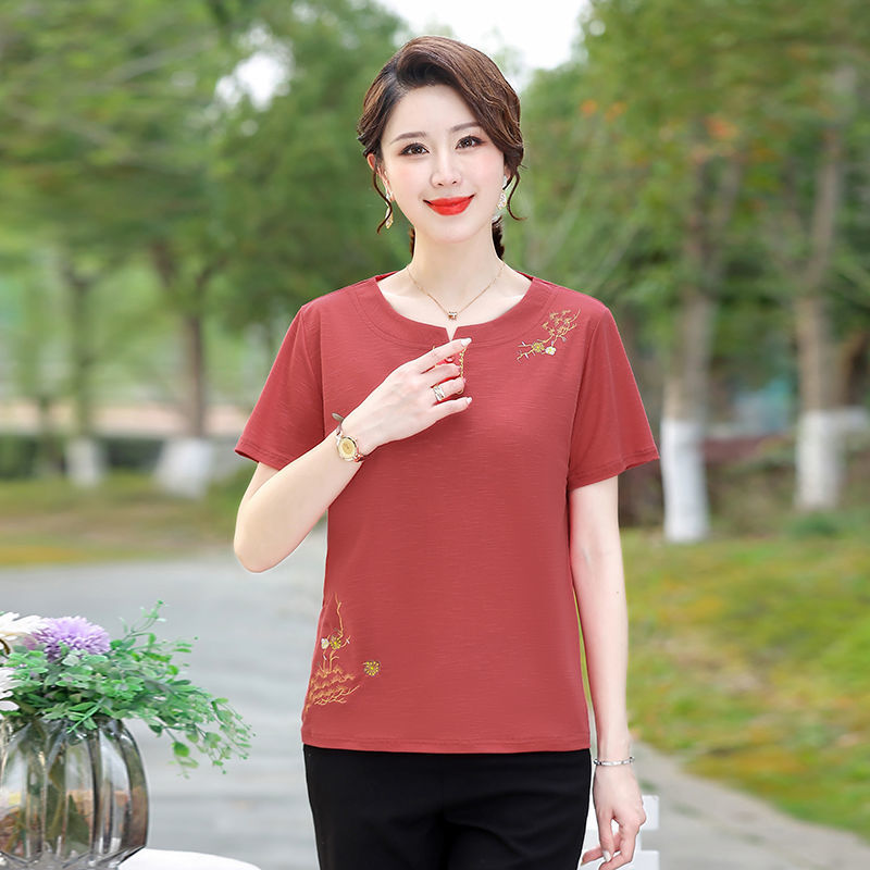 Mom Summer Clothing New Short Sleeve T-shirt 40-50 Years Old Middle-Aged and Elderly Women's Loose Oversized Fat Hiding Top Breathable Shirt