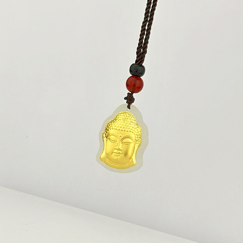 3D Gold Inlaid with Jade Buddha Head Pendant Pure Gold Buddha Necklace Buddha Pendant Accessories Buddha Buddha Men and Women Pendant