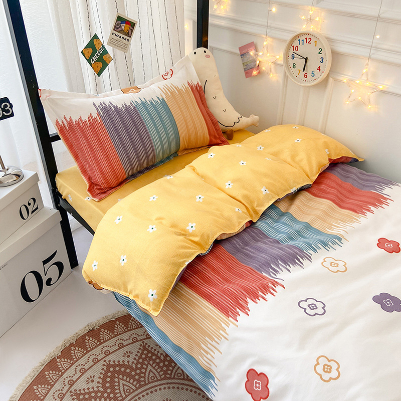 Ins Bed Sheet Four-Piece Cartoon Amusement Park Non-Slip Bed Sheet Double Quilt Cover Student Dorm Bedding