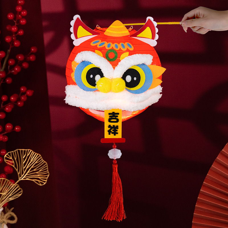 New Year Lion Lantern Diy Material Kit Children Creative Parent-Child Handmade Non-Woven Fabric Spring Festival Luminous Festive Lantern