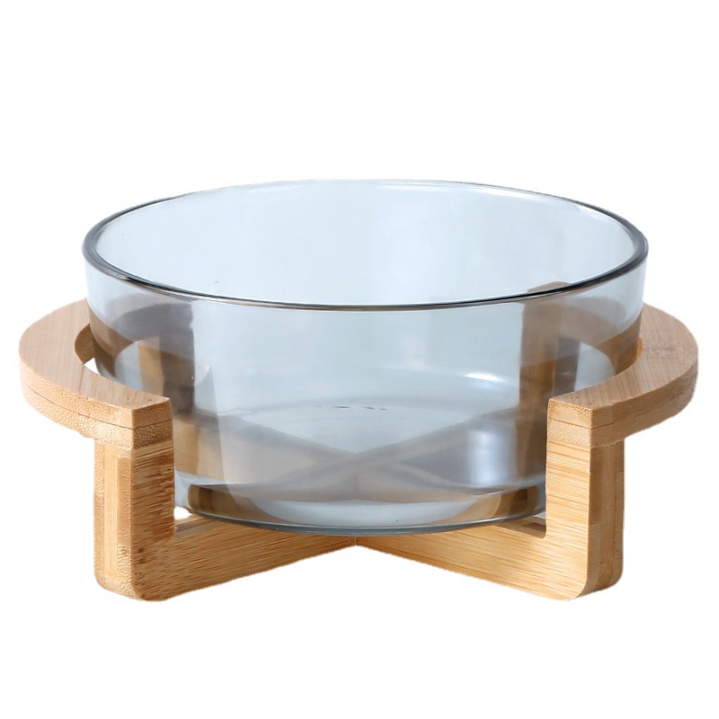 Simple Bamboo Base Glass Fruit Plate Living Room Snack Tray Household Fruit Bowl Salad Bowl Restaurant Buffet Bowl