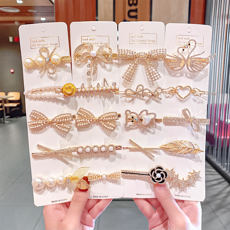 ins水钻珍珠发夹子网红发卡刘海夹蝴蝶结侧边夹发饰女2023年新款