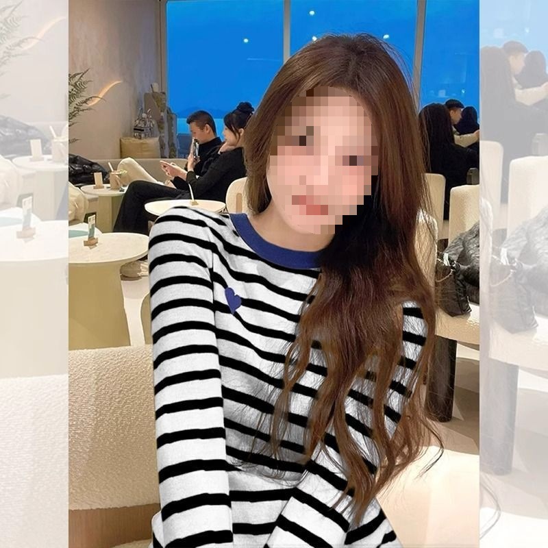 条纹爱心刺绣撞色小个子内搭打底衫毛衣女早秋韩系穿搭针织衫上衣