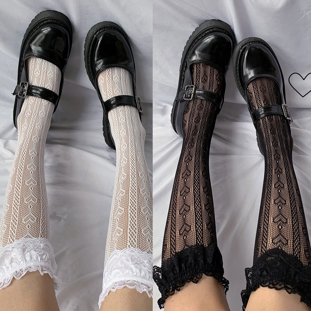 四季可穿百搭花边爱心镂空甜美蕾丝袜中长筒性感可爱日系少女袜