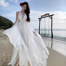 三亚海边度假连衣裙夏装拍照露背吊带裙性感纯欲风沙滩长裙X7740