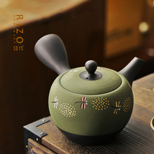 日本进口常滑烧侧把泡茶壶 昭萠窑绿色金线蜻蜓急须 功夫茶具