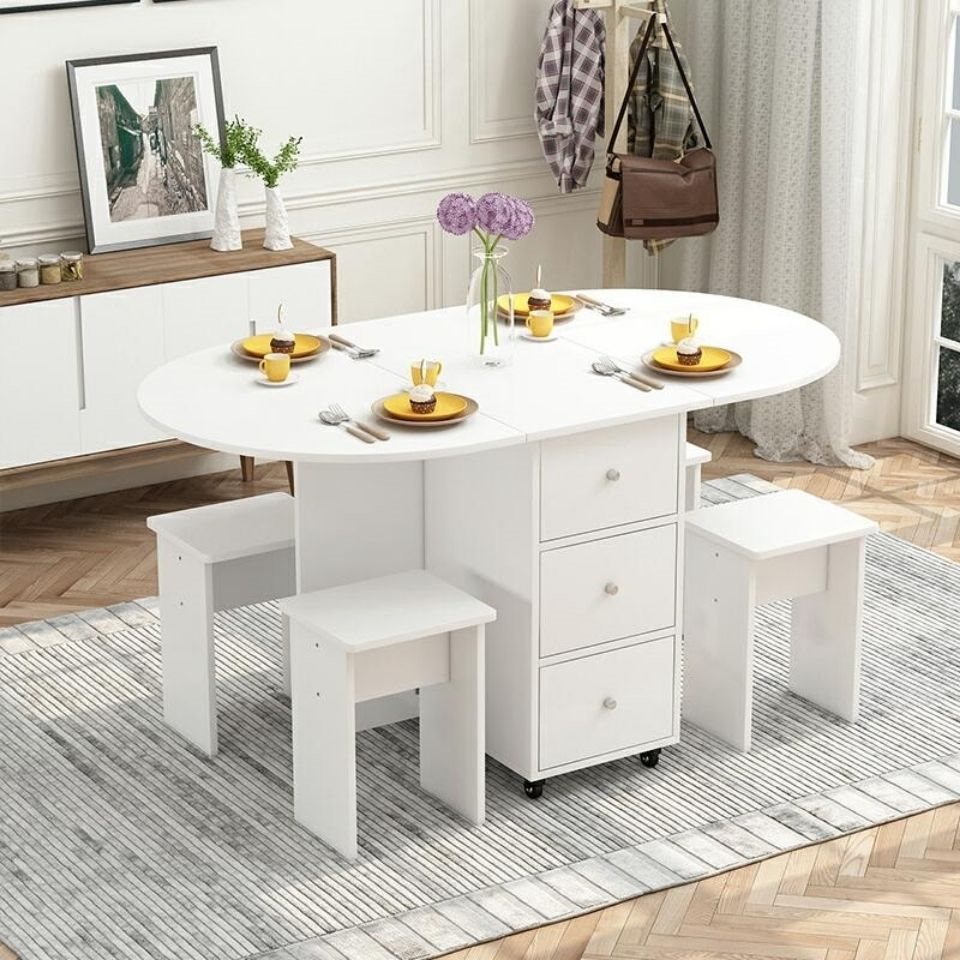 新品六轮移动带门抽凳现代多功能折叠餐桌椅组合家用饭桌4到10人