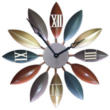 地中海叶子墙面時鐘客厅装饰钟表 时尚简约创意铁艺挂钟