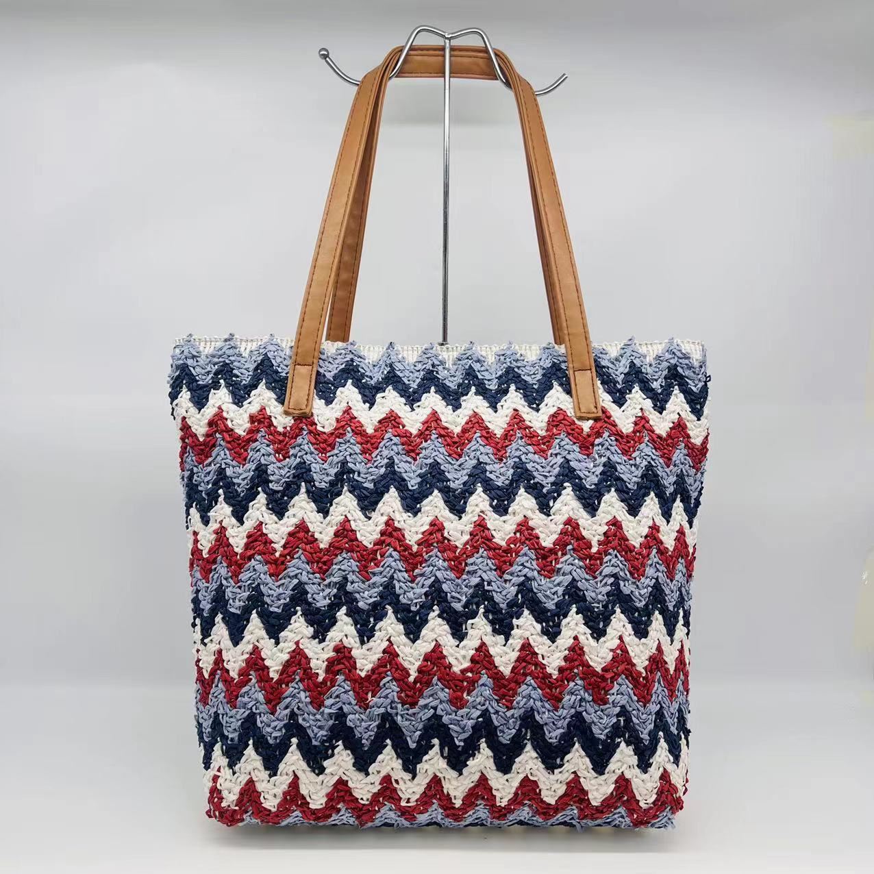 Cross-Border Hot New Fresh Simple Personalized Colorful Striped Woven Bag Beach Bag Shopping Bag Mummy Bag