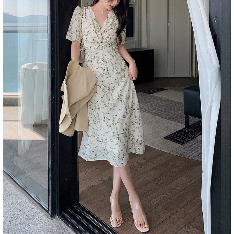 Green Floral Skirt Tea Break Skirt V-neck Dress A- line Female 2023 Summer Temperament Mid-Length Slim Slimming Skirt