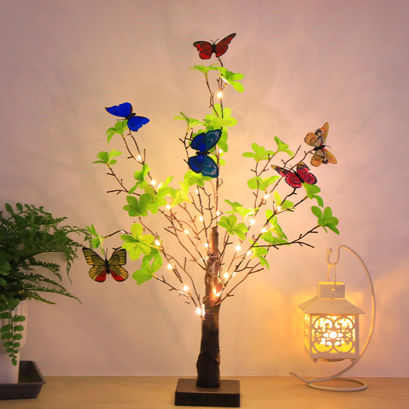 New Cross-Border 2024led Simulation Deadwood Butterfly Clock Hanging Leaf Green Festival Atmosphere Background Luminous Small Tree Light